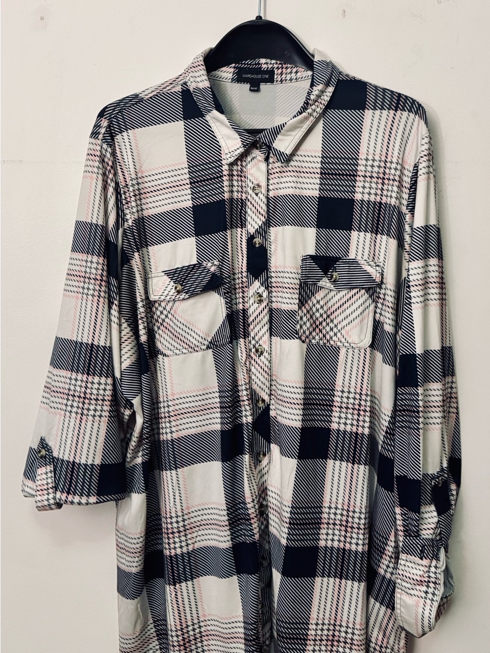 Woman’s Plaid Button-Up Shirt - Black, Pink & White - Unbranded